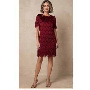 AKRIS PUNTO Dress10 Garnet Red NEW Fringe Shift Luxury Designer Cocktail Evening